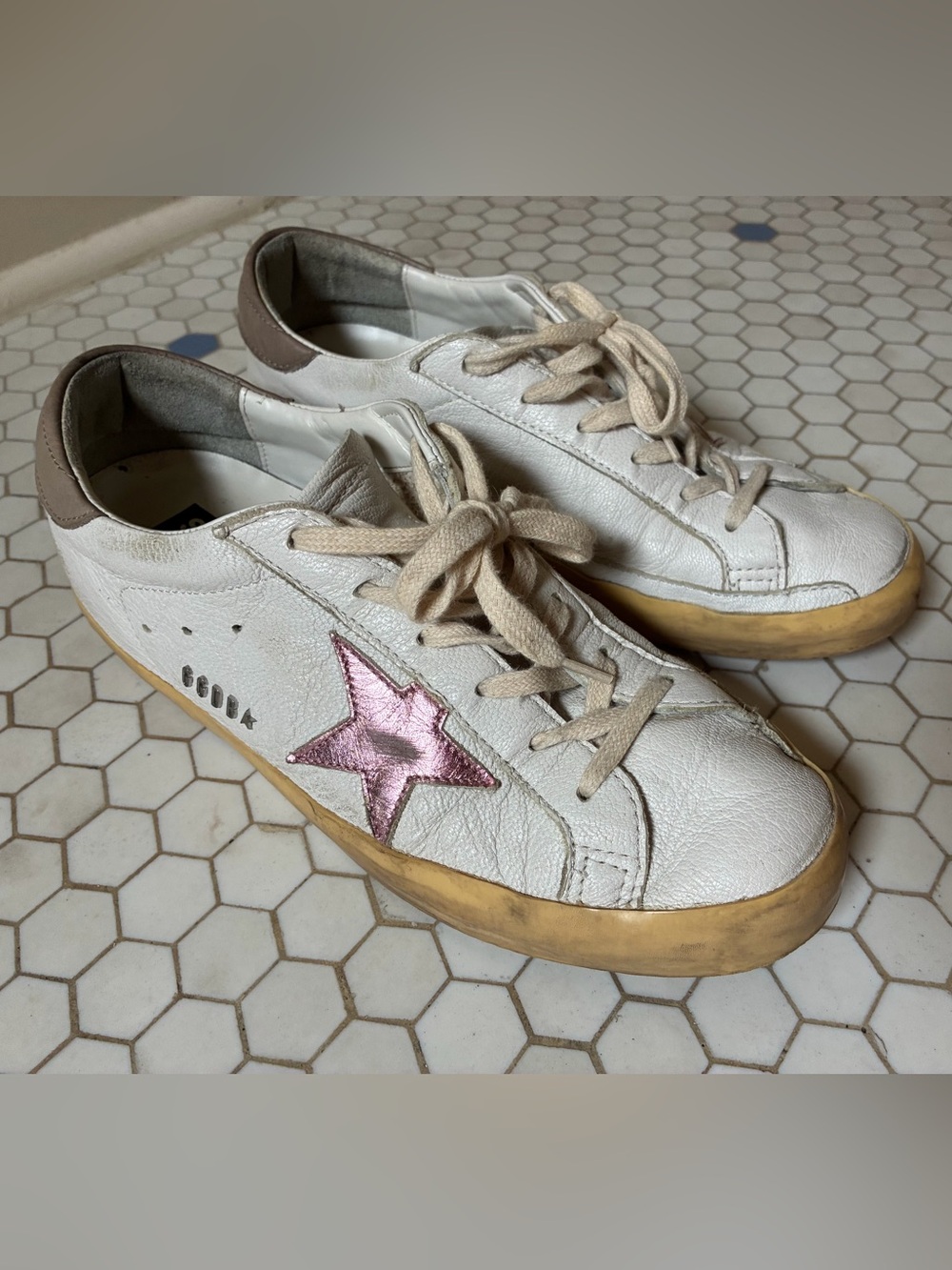 Golden Goose White Leather Sneakers with Pink Star